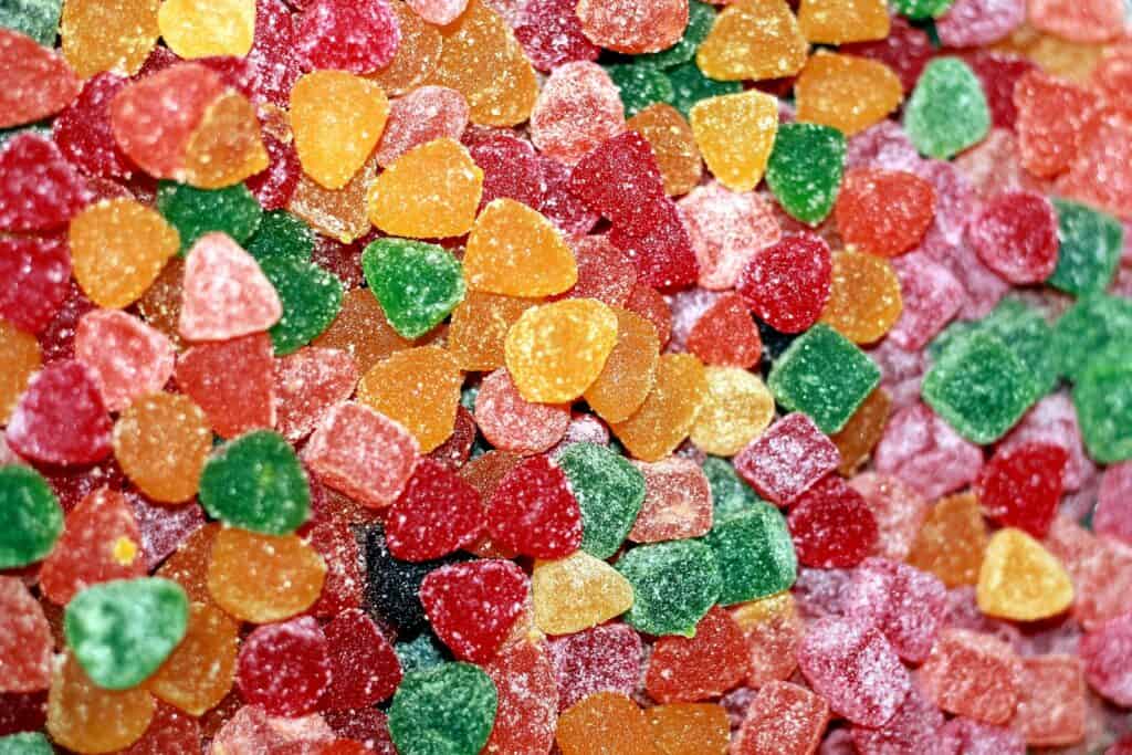 yellow red and pink heart shaped candies
