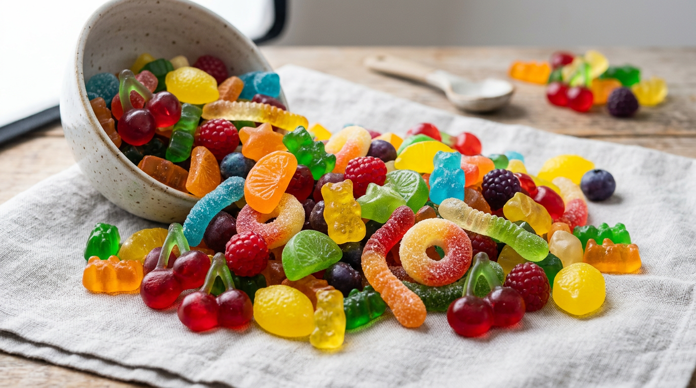caramelo de goma japonés — visión general de héroe de gummies coloridos con forma de fruta