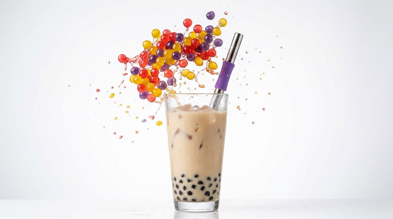 popping boba colorful juice-filled spheres in bubble tea glass