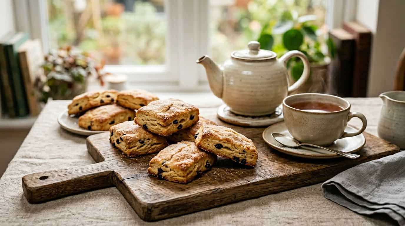 печенье Гарибальди — иллюстрация героя с изображением золотистых прямоугольных печений с изюмом на деревянной доске с чаем