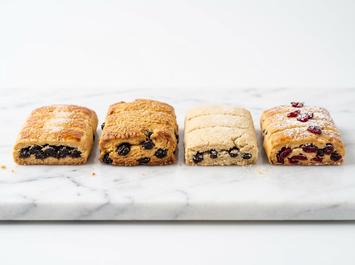 Виды печенья Гарибальди — сравнение классического с изюмом, домашнего золотистого и премиального ремесленного вариантов на белом фоне