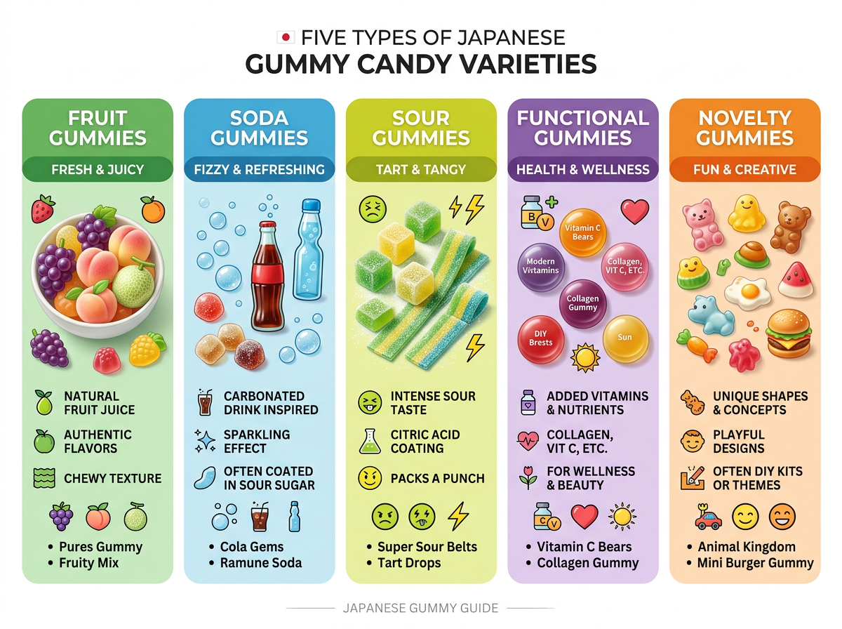 Japanese gummy candy types — illustration showing five categories of japanese gummy candy side by side including fruit, soda, sour, functional and DIY varieties