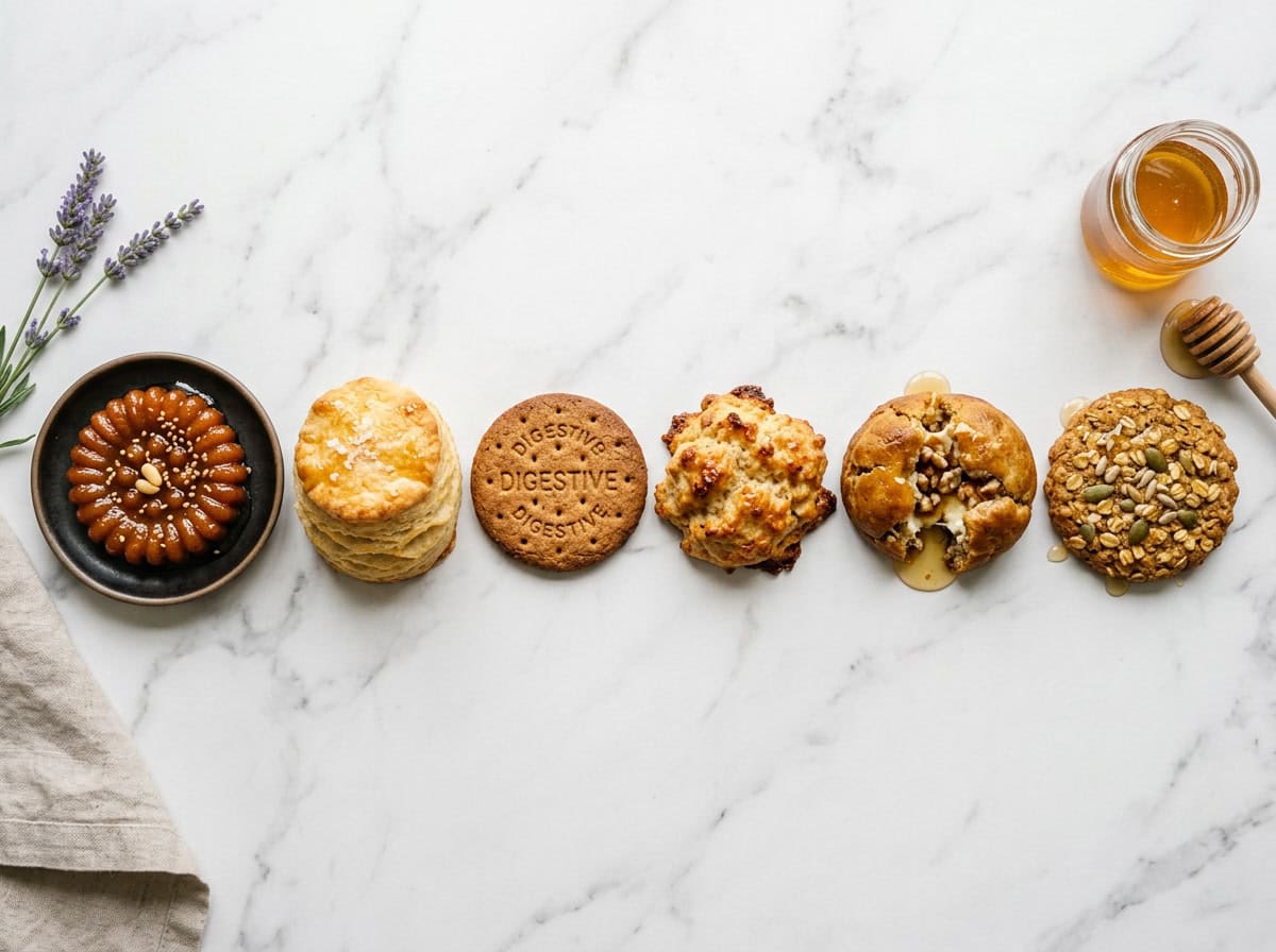 honigkekse — Illustration von sechs Sorten nebeneinander: Südlich, Koreanisch, Britisch, Französisch, Tropfenstil und gefüllt