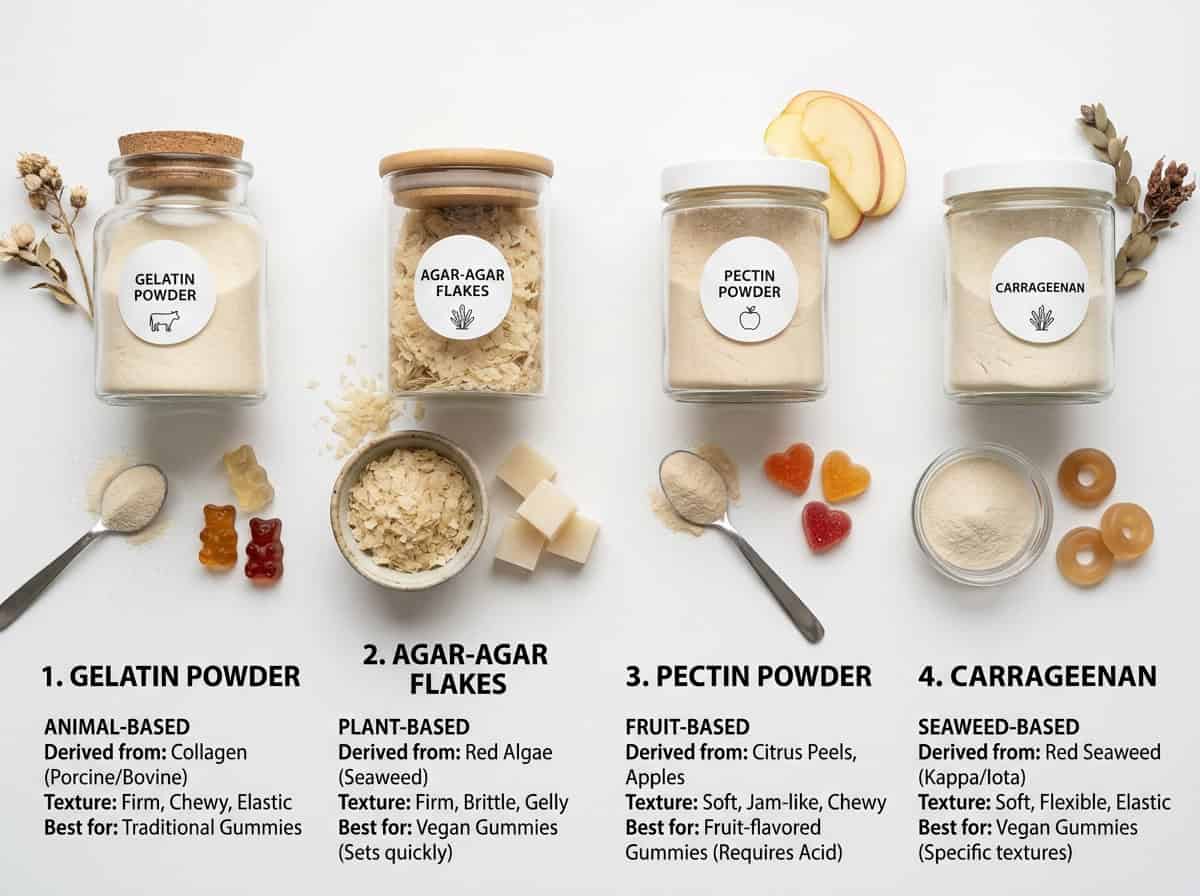 Como fazer doces de gelatina comercialmente — infográfico mostrando linha de produção de doces de gelatina desde o cozimento até a deposição e secagem