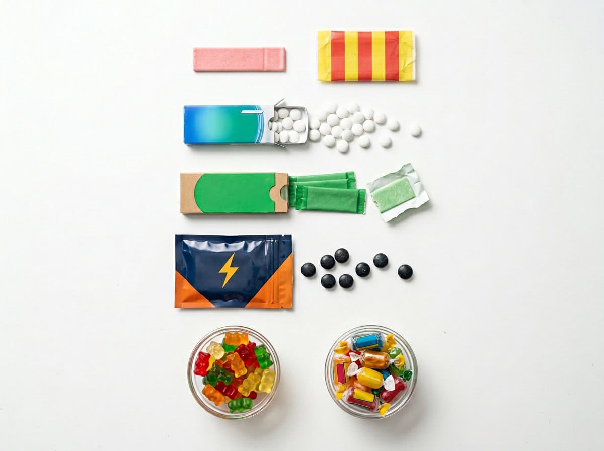 жевательная резинка — иллюстрация сравнения продуктов, показывающая разные виды жевательной резинки рядом с мармеладными мишками и твердыми конфетами, чистый редакционный макет продукта