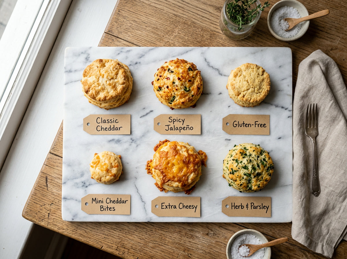 Вариации рецепта бисквитов с чеддером по рецепту красного лобстера — шесть различных стилей бисквитов, расположенных на мраморной поверхности: классические, острые, безглютеновые, мини, с дополнительным сыром и с травяной масляной глазурью