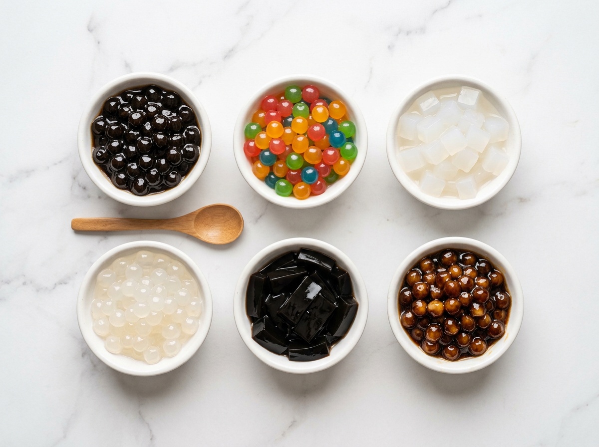 ¿Qué son las burbujas en el té de burbujas? Ilustración de medio cuerpo que muestra seis tipos de boba junto, incluyendo tapioca, boba que explota y gelatina