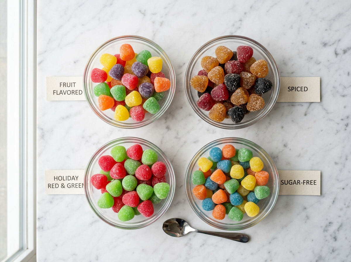 tipi di caramelle gumdrop — grafico di varietà colorata che mostra gumdrop speziati, fruttati, natalizi e senza zucchero