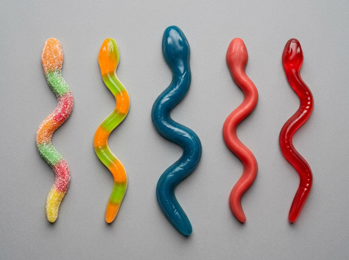 Жевательные змейки — иллюстрация типов, показывающая пять различных видов жевательных змей рядом друг с другом