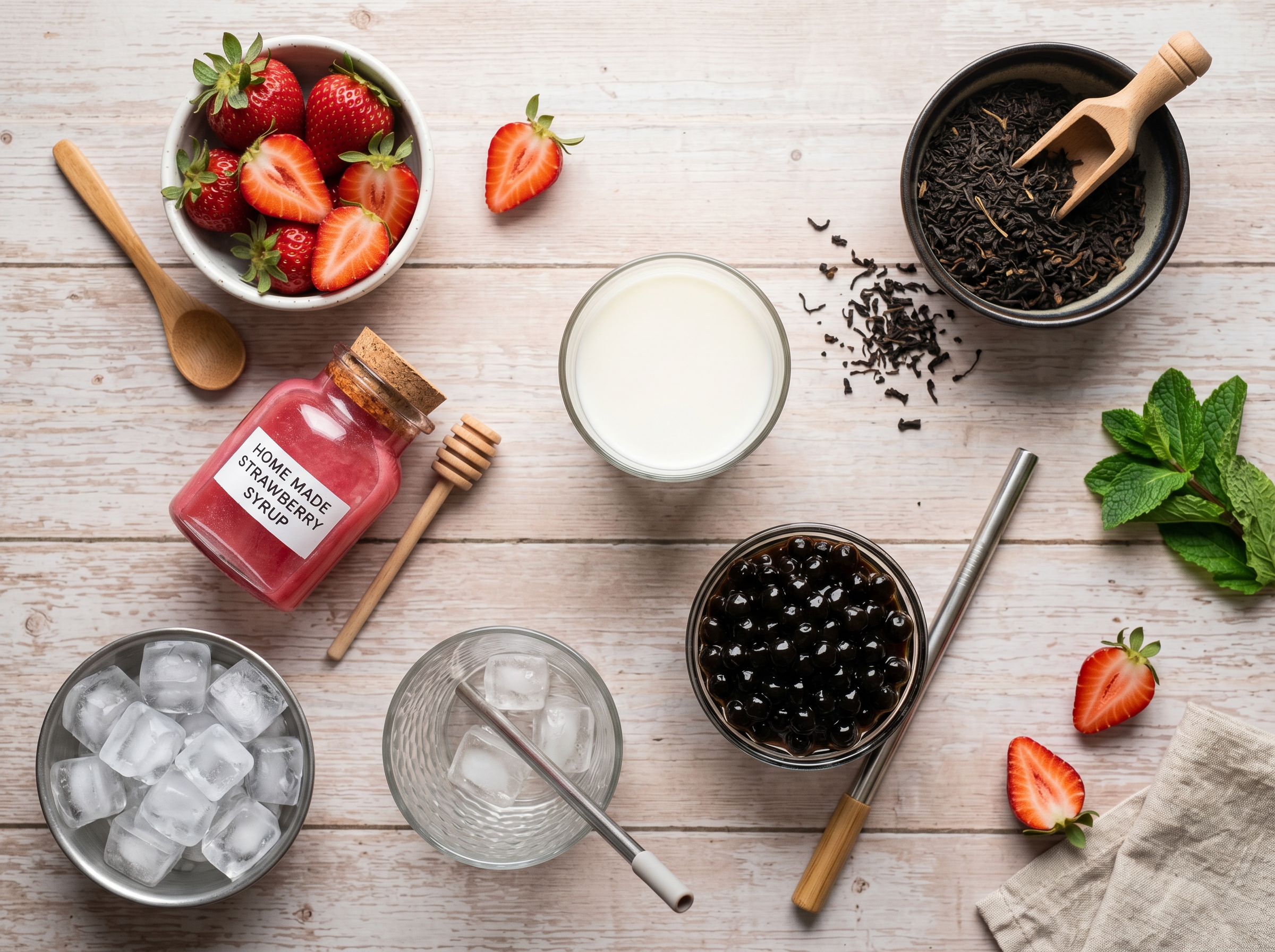Vista en plano de los ingredientes del té de leche de fresa: fresas frescas, té en hojas sueltas, leche, perlas de tapioca y hielo