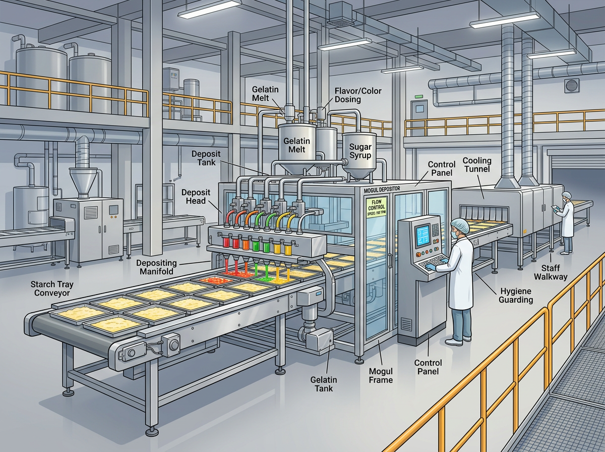 Japanese gummy candy manufacturing process — illustration showing gummy candy production line with mogul depositing system and conditioning room