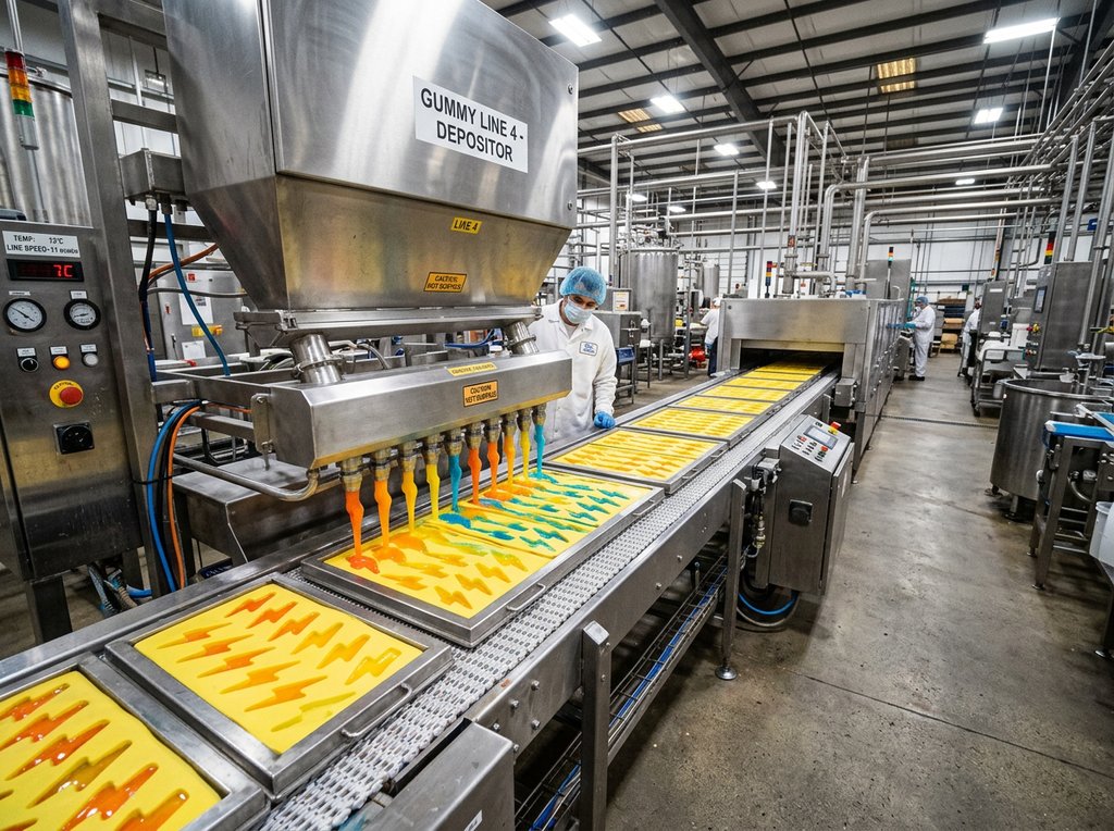 karl gummies — step-by-step diagram of the gummy candy manufacturing process from cooking to packaging