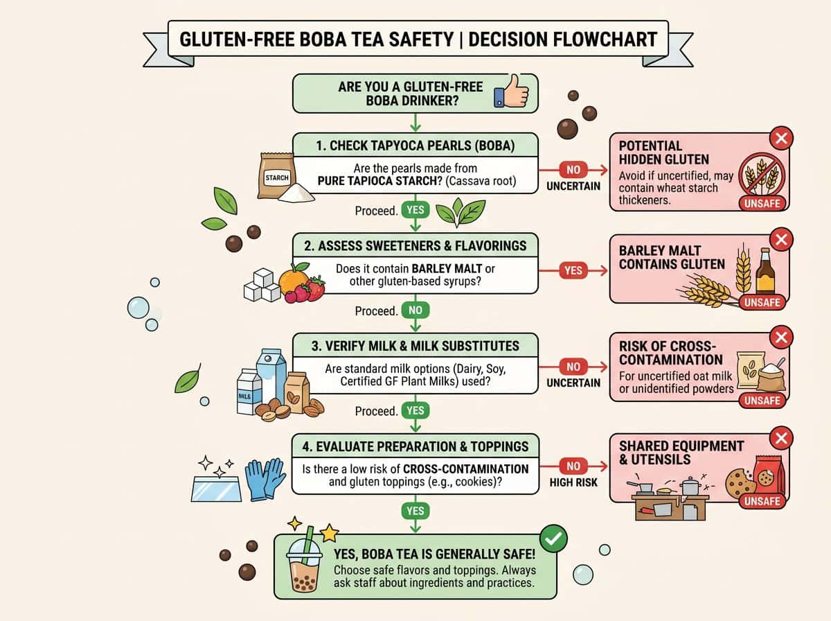 глютен-фри боба — пошаговая схема принятия решения, показывающая, как оценить, безопасен ли напиток с боба для клиентов с целиакией
