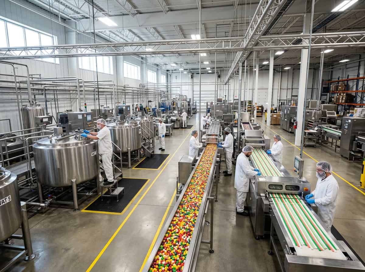 жевательная резинка — иллюстрация промышленной линии производства кондитерских изделий, показывающая оборудование для смешивания и упаковки конфет и жевательной резинки, редакционный стиль технической фотографии