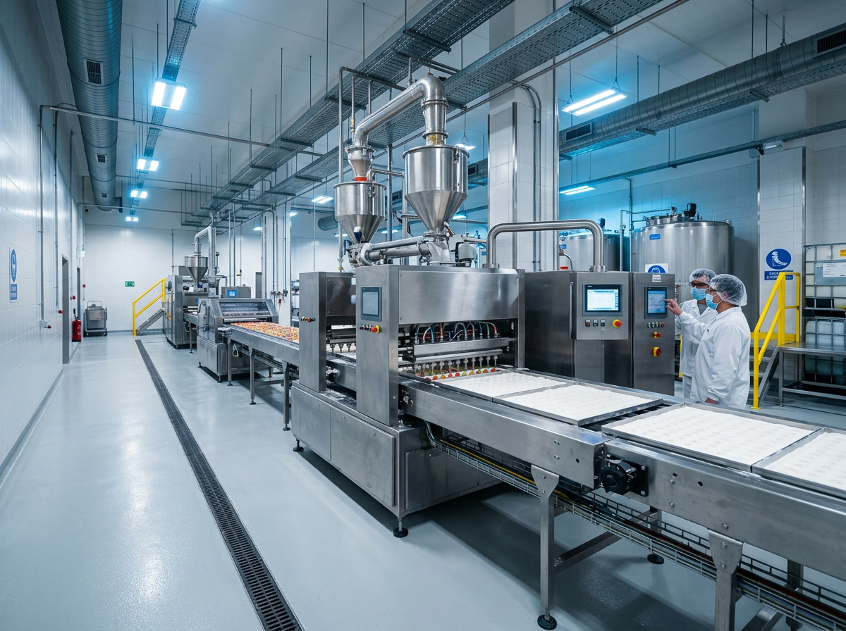 attrezzature per la produzione di caramelle gumdrop — diagramma di macchina industriale di deposizione di caramelle e di mogul di amido