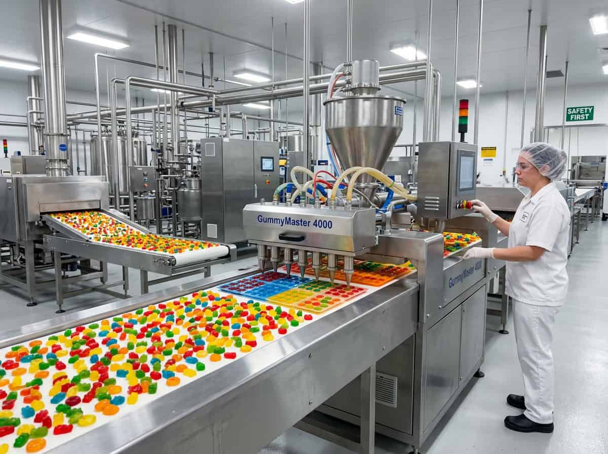 Жевательные змейки — схема производственного процесса, показывающая шесть этапов от варки до упаковки