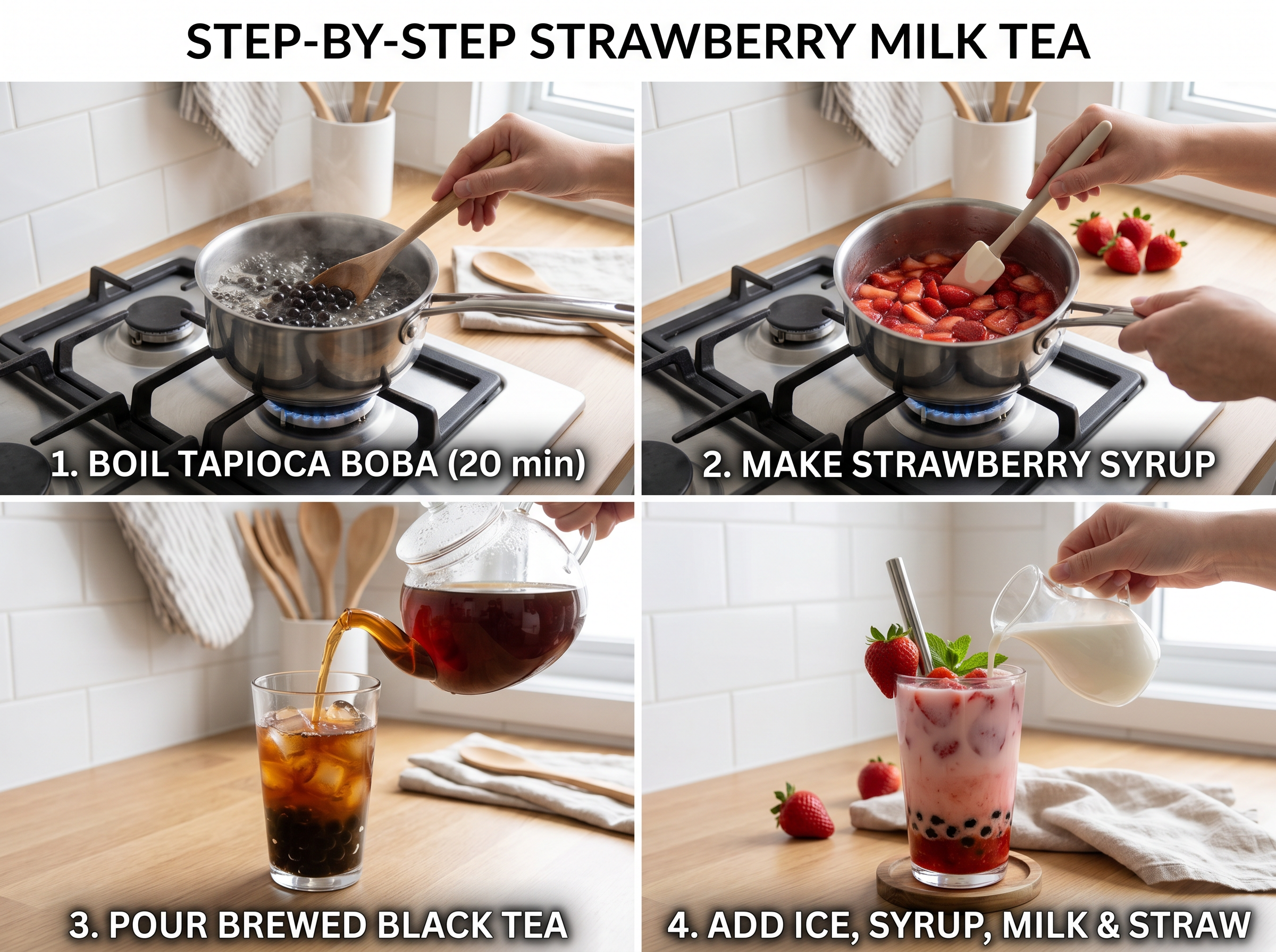 Proceso paso a paso para hacer té de leche de fresa: hervir la boba, hacer jarabe, preparar el té y ensamblar la bebida