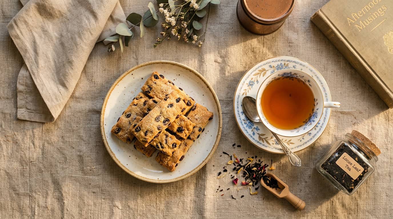 Закрытие печенья Гарибальди — элегантный плоский снимок печенья Гарибальди с чашкой чая на льняной скатерти, теплый естественный свет