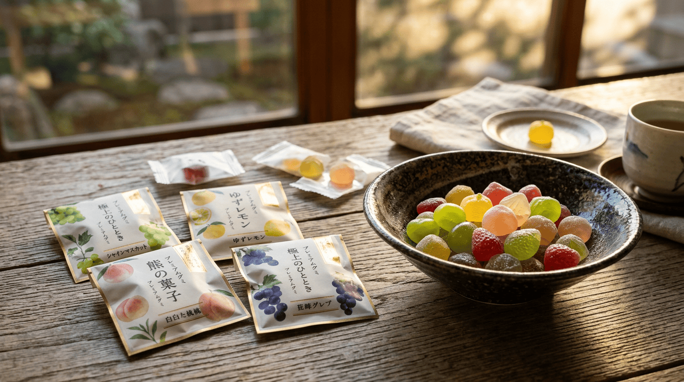 Japanese gummy candy closing visual — editorial photograph of individual wrapped gummy candies in a bowl showing premium packaging design