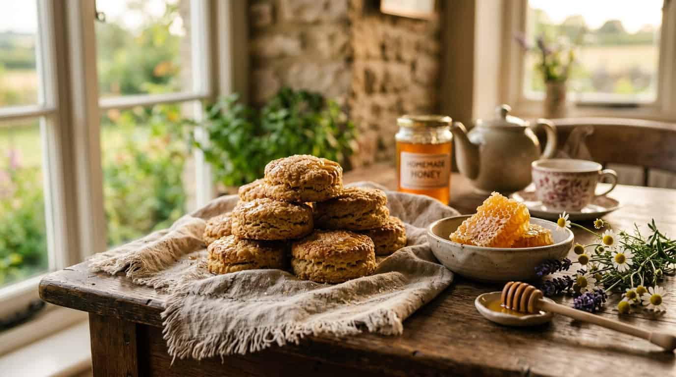 honigkekse — abschließendes Lifestyle-Foto von frisch gebackenen Honigkeksen, gestapelt mit Honigwabe und Wildblumen