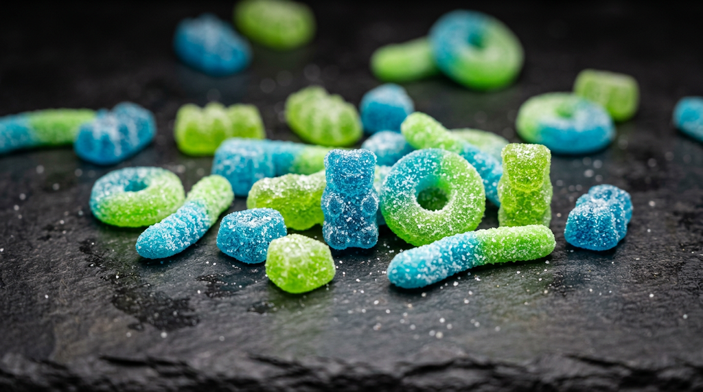 karl gummies — colorful assortment of gummy candies arranged artfully on a marble surface for closing visual