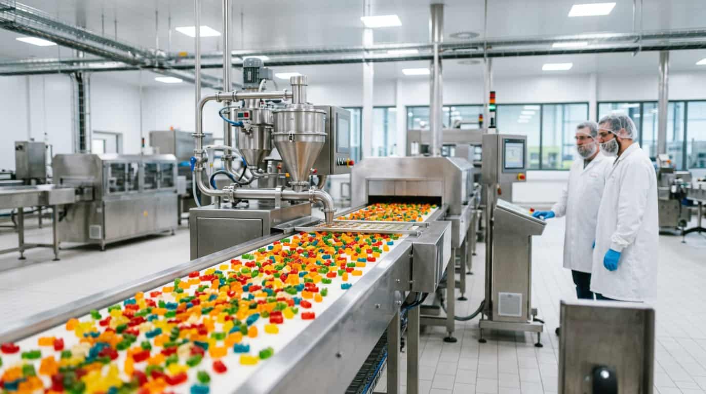 Como fazer doces de gelatina em escala — linha de produção profissional de doces de gelatina com gummies coloridos saindo de um sistema de esteira