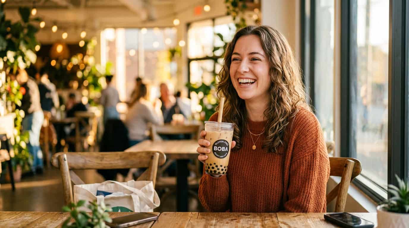 глютен-фри боба — финальный визуальный образ, показывающий человека, счастливо пьющего сертифицированный глютен-фри чай с боба в яркой кофейне