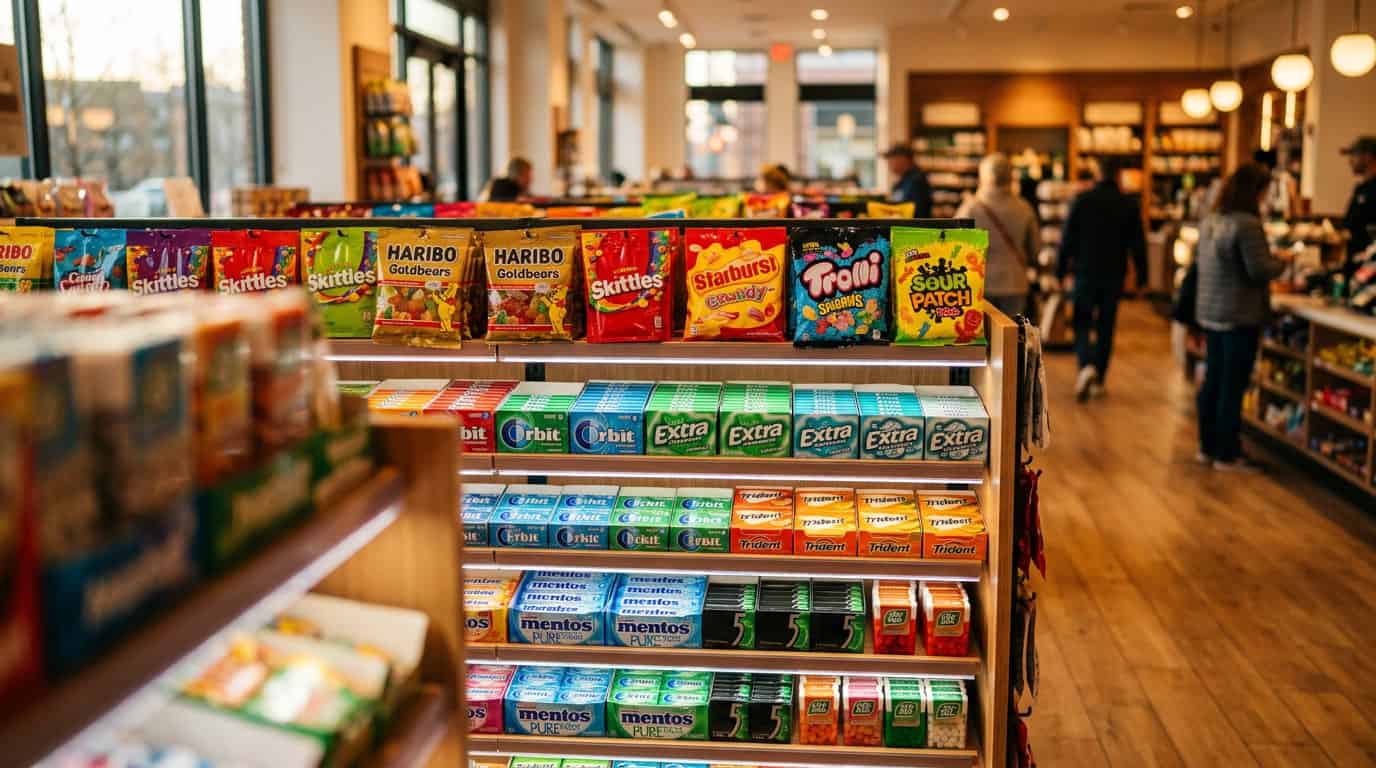 жевательная резинка — завершающая иллюстрация ассортимента конфет и жевательной резинки на розничной витрине, теплое освещение продукции, формат 16:9