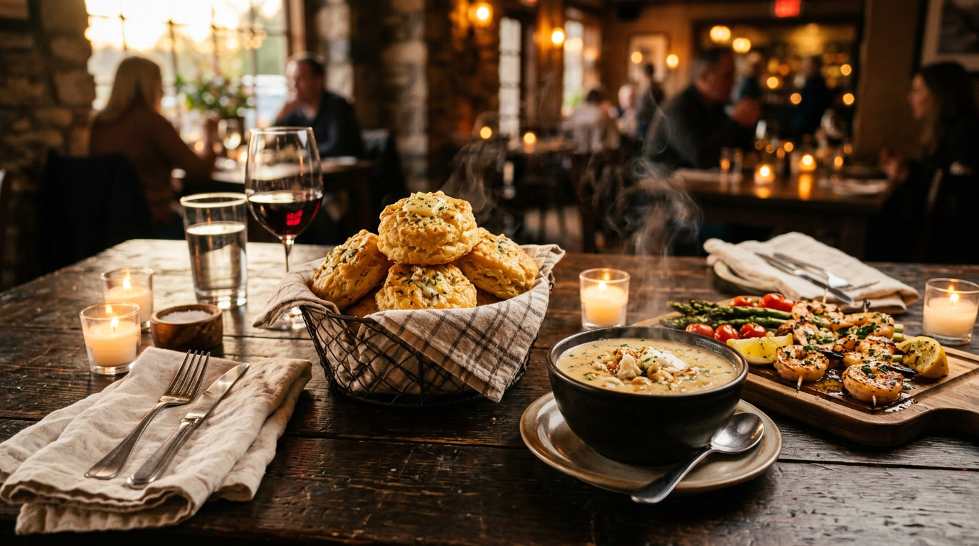 Рецепт креветочных бисквитов с чеддером — корзина золотистых бисквитов с чесночным травяным маслом, пар поднимается, подается вместе с чашкой крем-супа из крабов