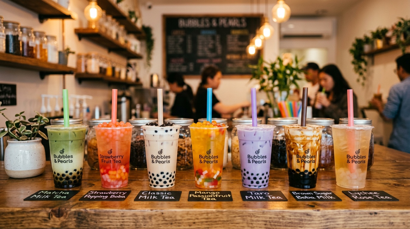 ¿Qué son las burbujas en el té de burbujas? Visual final que muestra una mesa atractiva con bebidas de té de burbujas en varios colores y boba visible a través de vasos transparentes