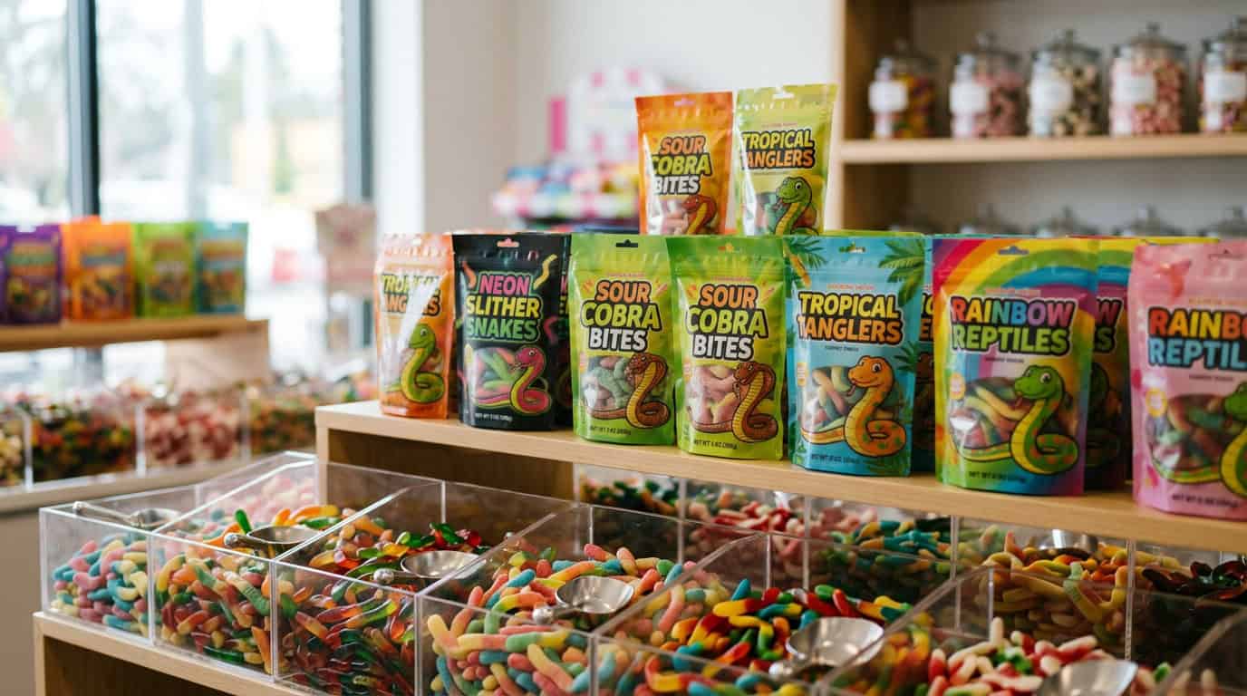 Жевательные змейки — завершающая иллюстрация, показывающая ассортимент продукции из жевательных змей, готовой к упаковке на современном кондитерском предприятии