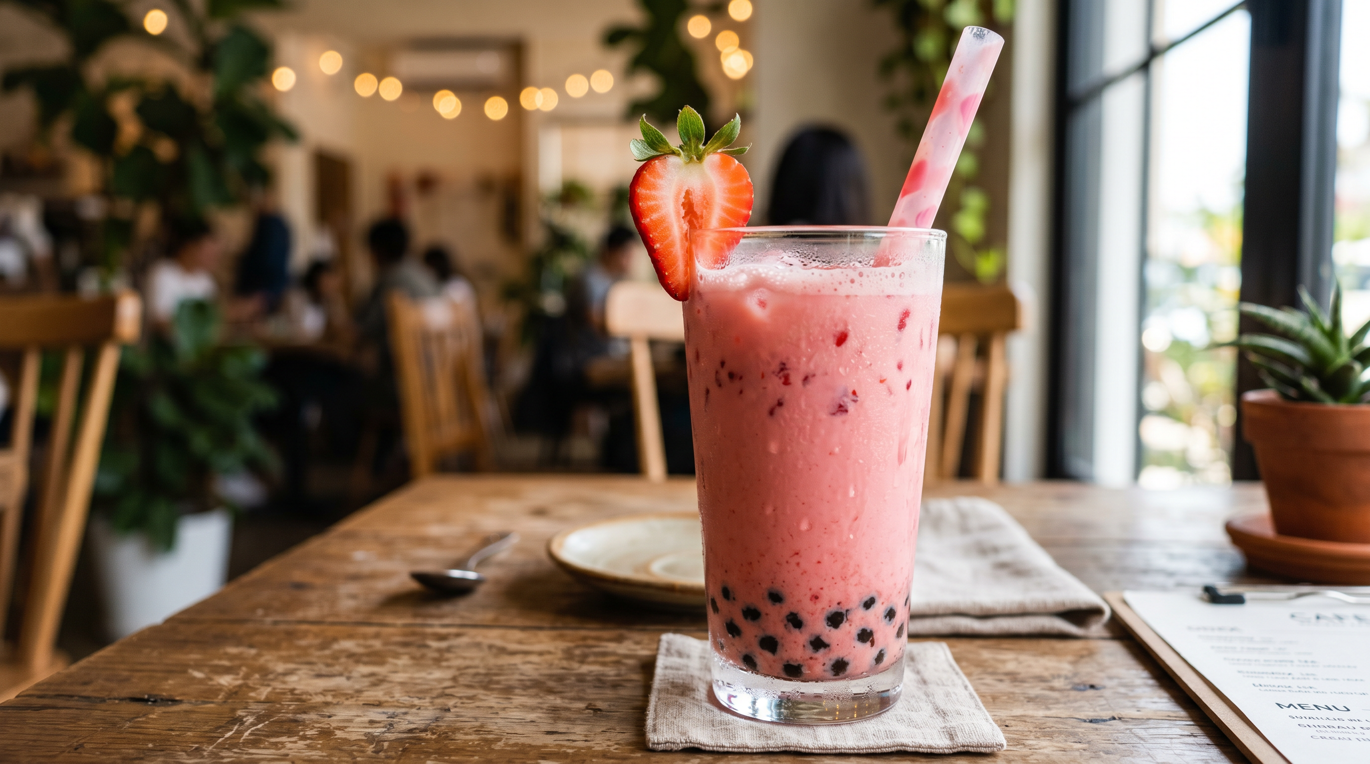 Vaso final con estilo de té de leche de fresa con decoración de una fresa fresca en el borde y color rosa vibrante