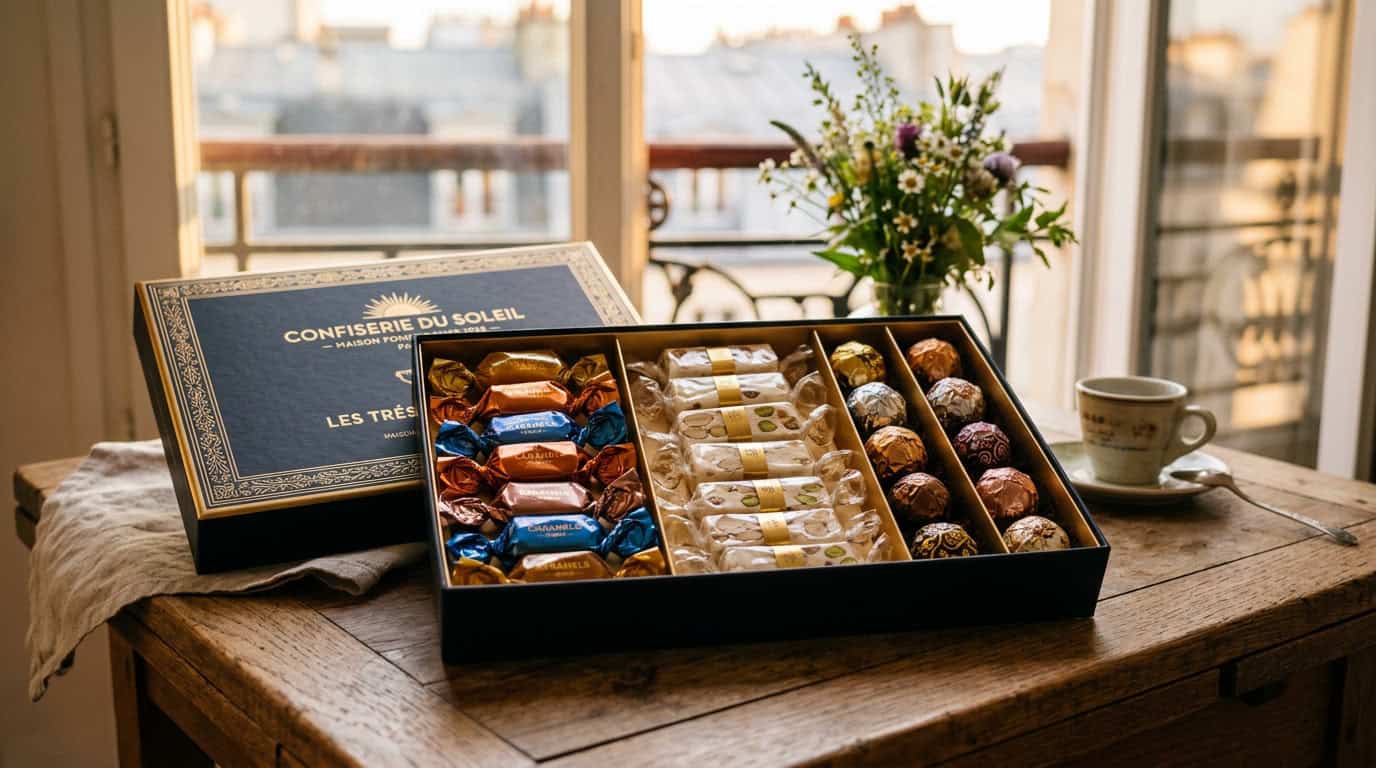 французские конфеты — финальный визуальный образ, показывающий современное производство конфет с блестящим нержавеющим оборудованием, производящим яркие французские кондитерские изделия