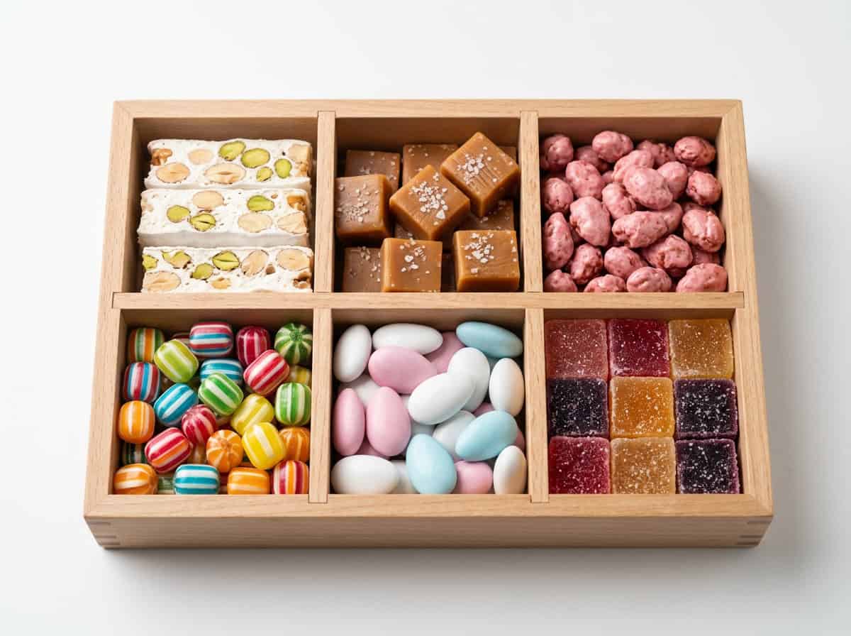 французские конфеты — иллюстрация типов, показывающая нугут, карамель, леденцы, пралине и твердые конфеты рядом друг с другом