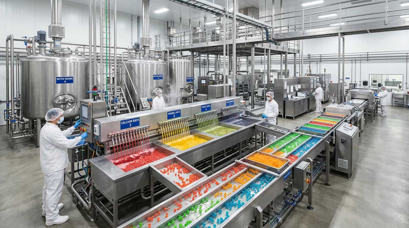 рецепт popping boba — вид сверху на профессиональную линию производства popping boba с резервуарами для сферификации и конвейерными лотками