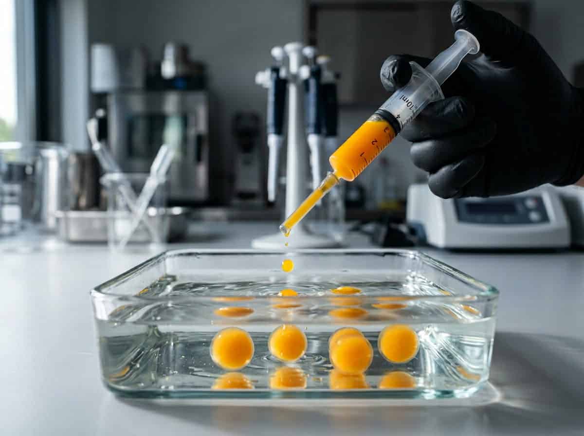 рецепт popping boba — пошаговый процесс с использованием капельницы для выпуска сфер в кальциевую ванну с видимым образованием геля