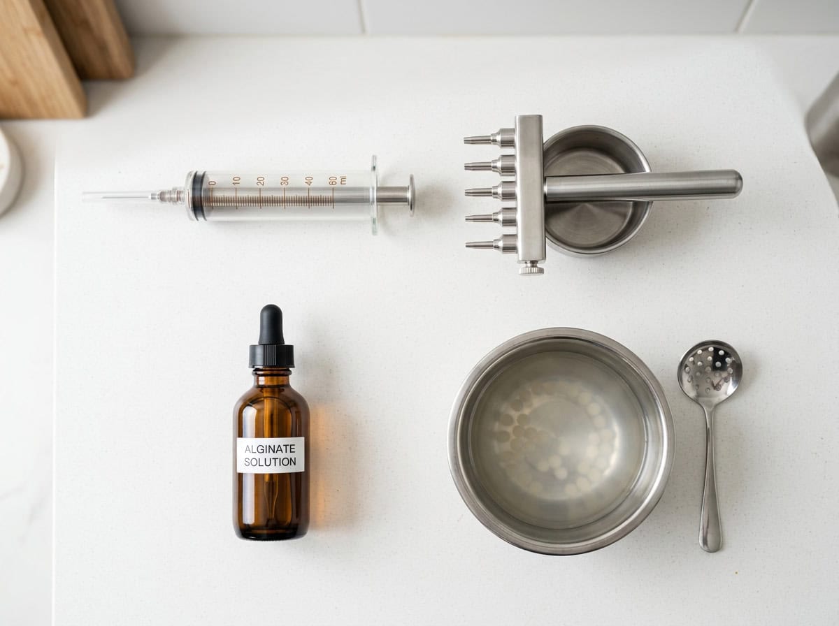 рецепт popping boba — виды оборудования, включая шприцы, кавиар-мейкер и коммерческую машину для боба на чистой поверхности