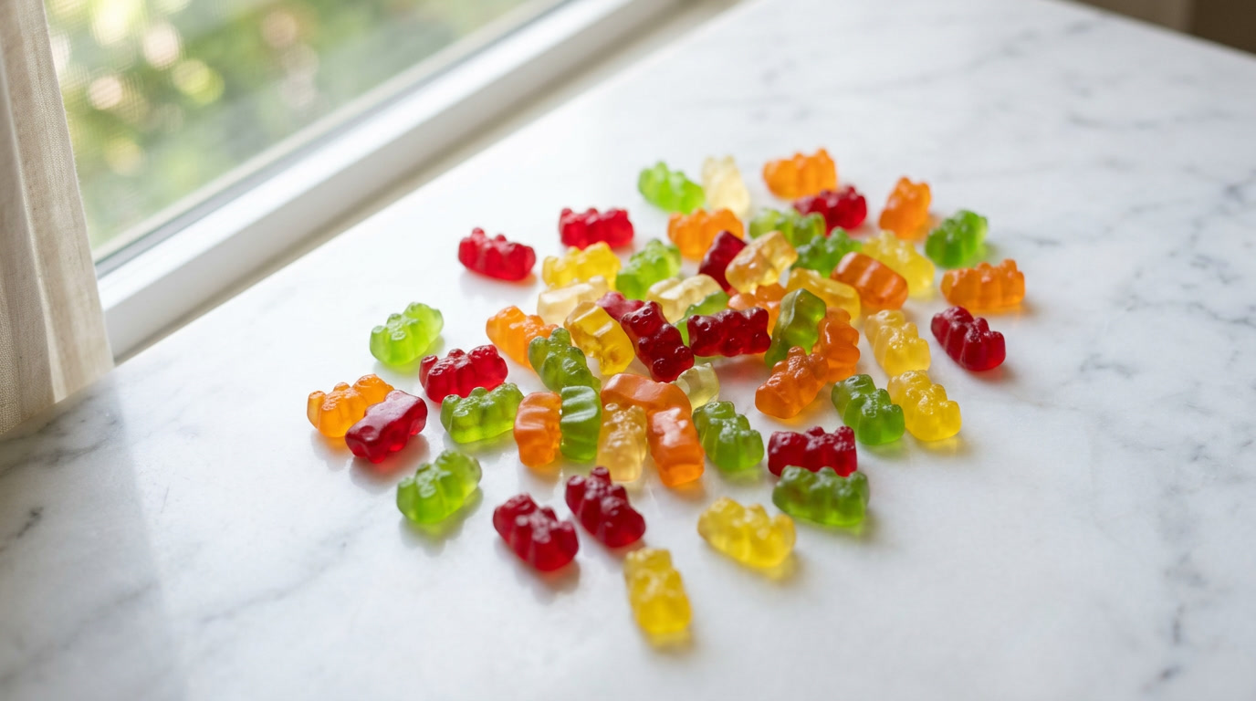 Colorful vegan jelly bears arranged on white marble surface showing plant-based gummy bears