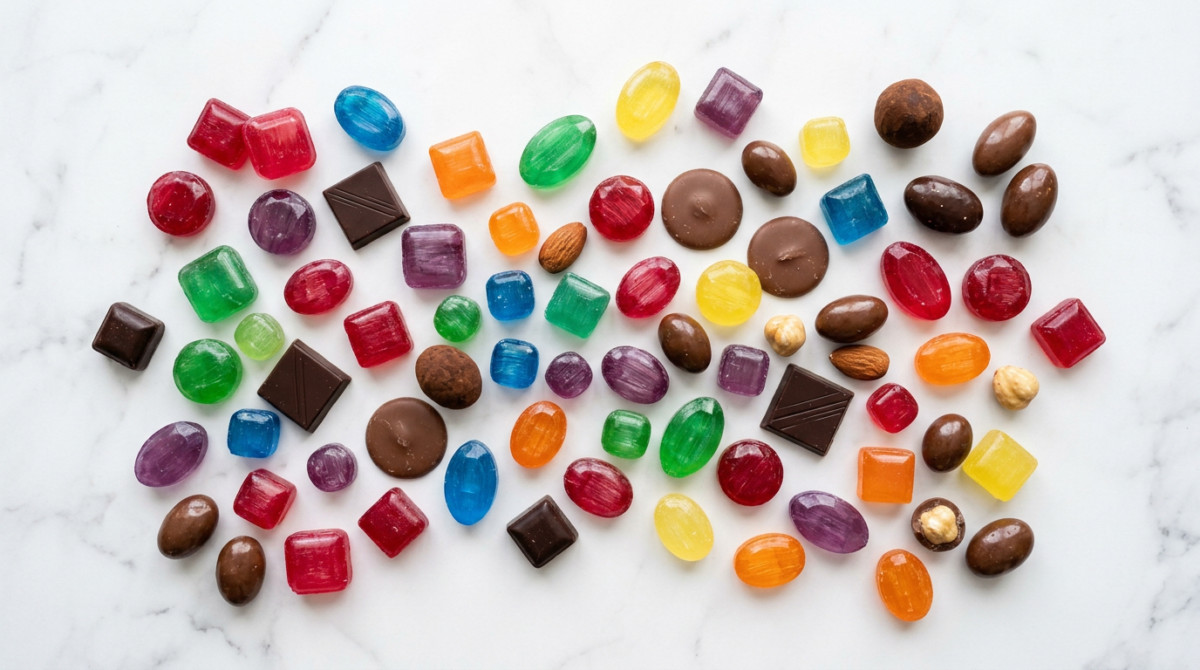 Süßigkeit mit den wenigsten Kohlenhydraten — Heldenbild mit assortierten zuckerfreien Süßigkeiten mit niedrigem Kohlenhydratgehalt