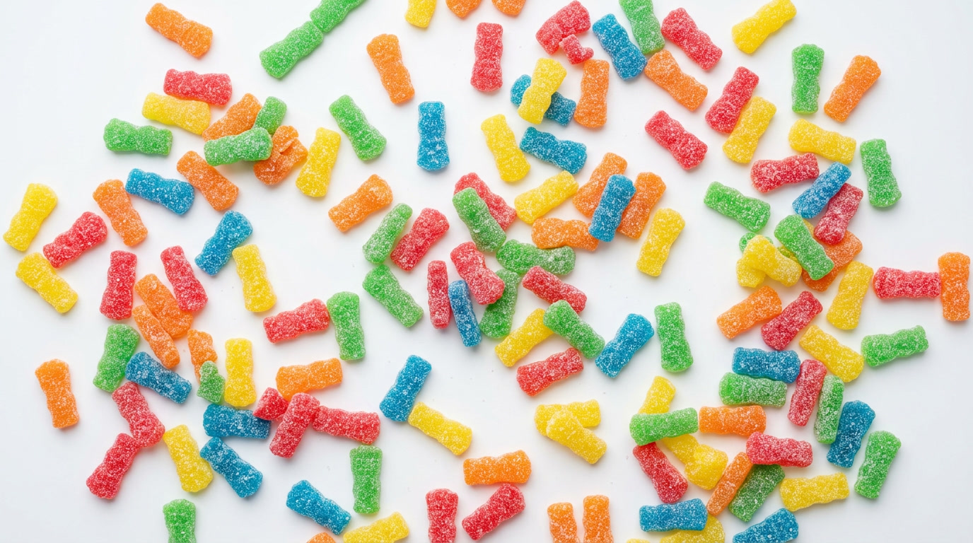 есть ли в Sour Patch желатин — общий обзор конфет Sour Patch Kids в миске с видимой этикеткой ингредиентов