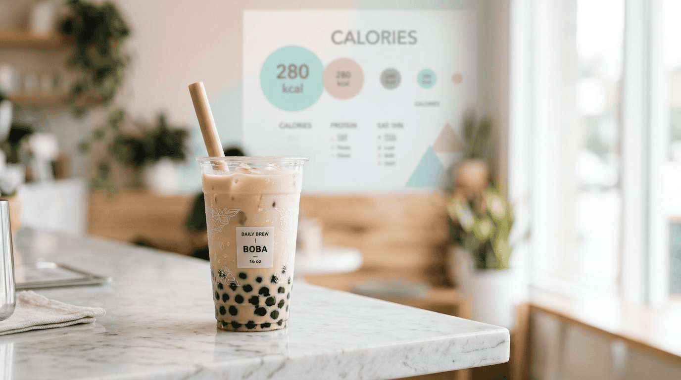 cuántas calorías tiene un boba — vista general de la taza de té de burbujas con perlas de tapioca y tabla de calorías