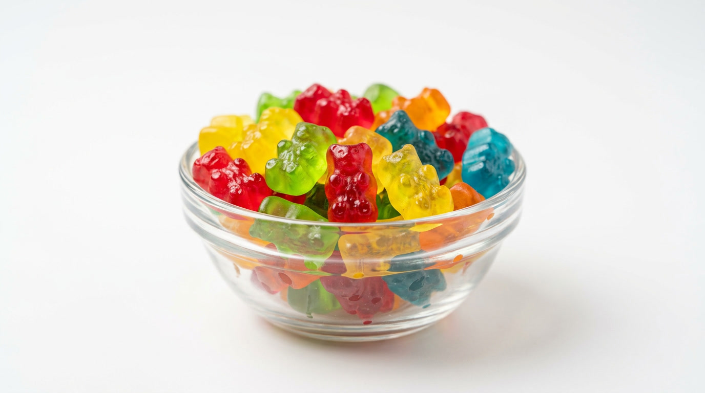 sugar free haribo gummy bears — hero illustration of colorful sugar-free gummy bears in a bowl with ingredient labels visible