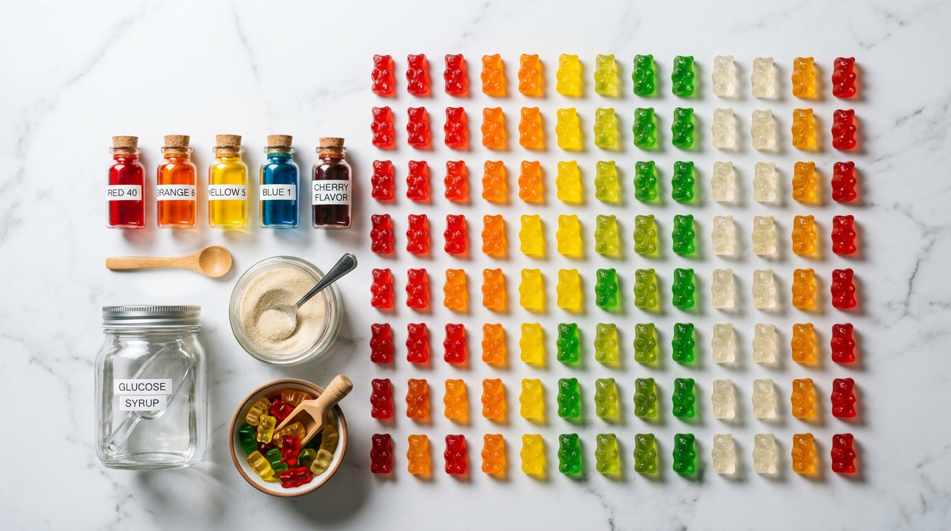 haribo gummy bears ingredients — hero illustration showing colorful gummy bears with ingredient callouts
