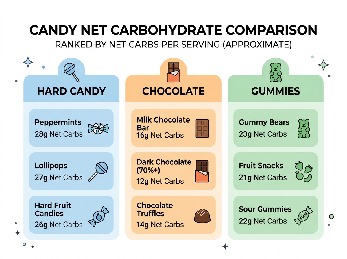 doces com menor teor de carboidratos — diagrama comparando diferentes tipos de doces pelo conteúdo de carboidratos líquidos, com gráfico codificado por cores