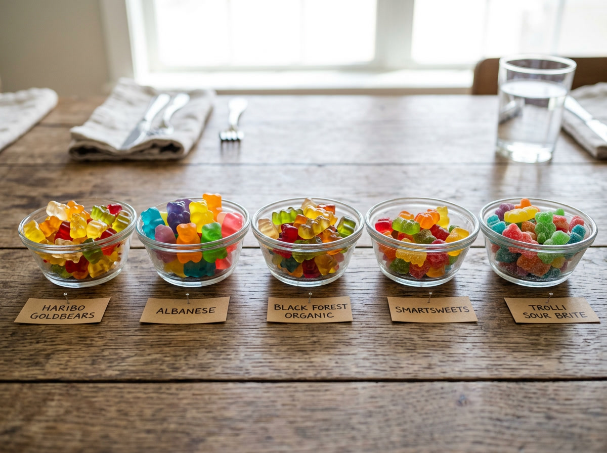 Markaya göre ayıcık şeker aromaları — Haribo, Albanese ve diğer önde gelen markaların yan yana karşılaştırması
