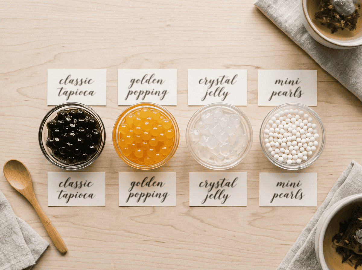 cuántas calorías tiene una boba — comparación de tapioca negra, popping boba, boba de cristal y mini perlas