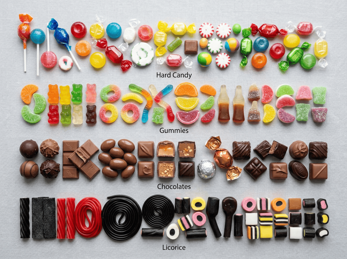 niedrigkalorische Süßigkeitentypen — Infografik zum Vergleich von Hartbonbons, Gummis, Lakritz und Schokolade auf einer Kalorienskala
