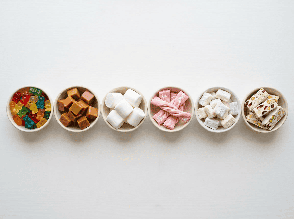soft candy — types overview showing gummies, caramels, marshmallows, taffy, and mochi arranged in separate groups