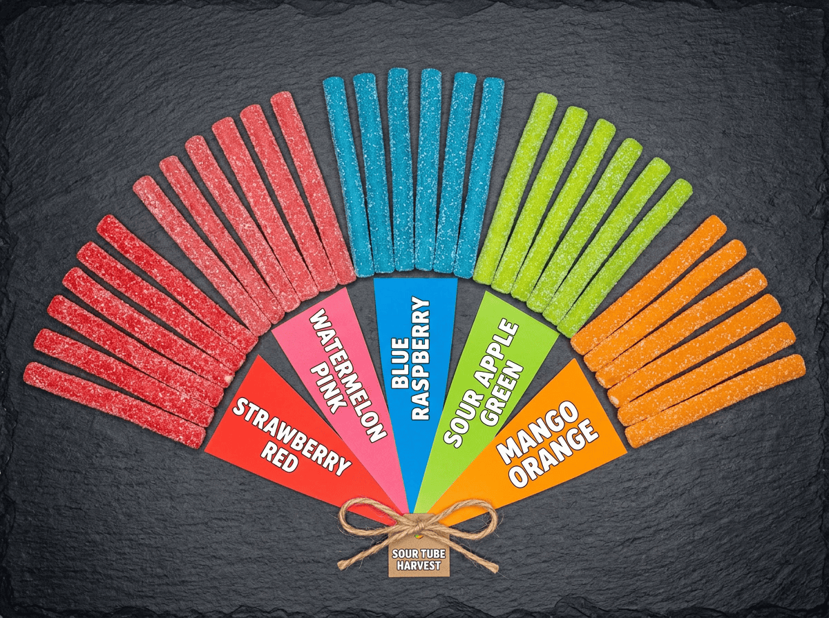 sour tube candy types and flavors — colorful variety of gel candy tubes in different colors