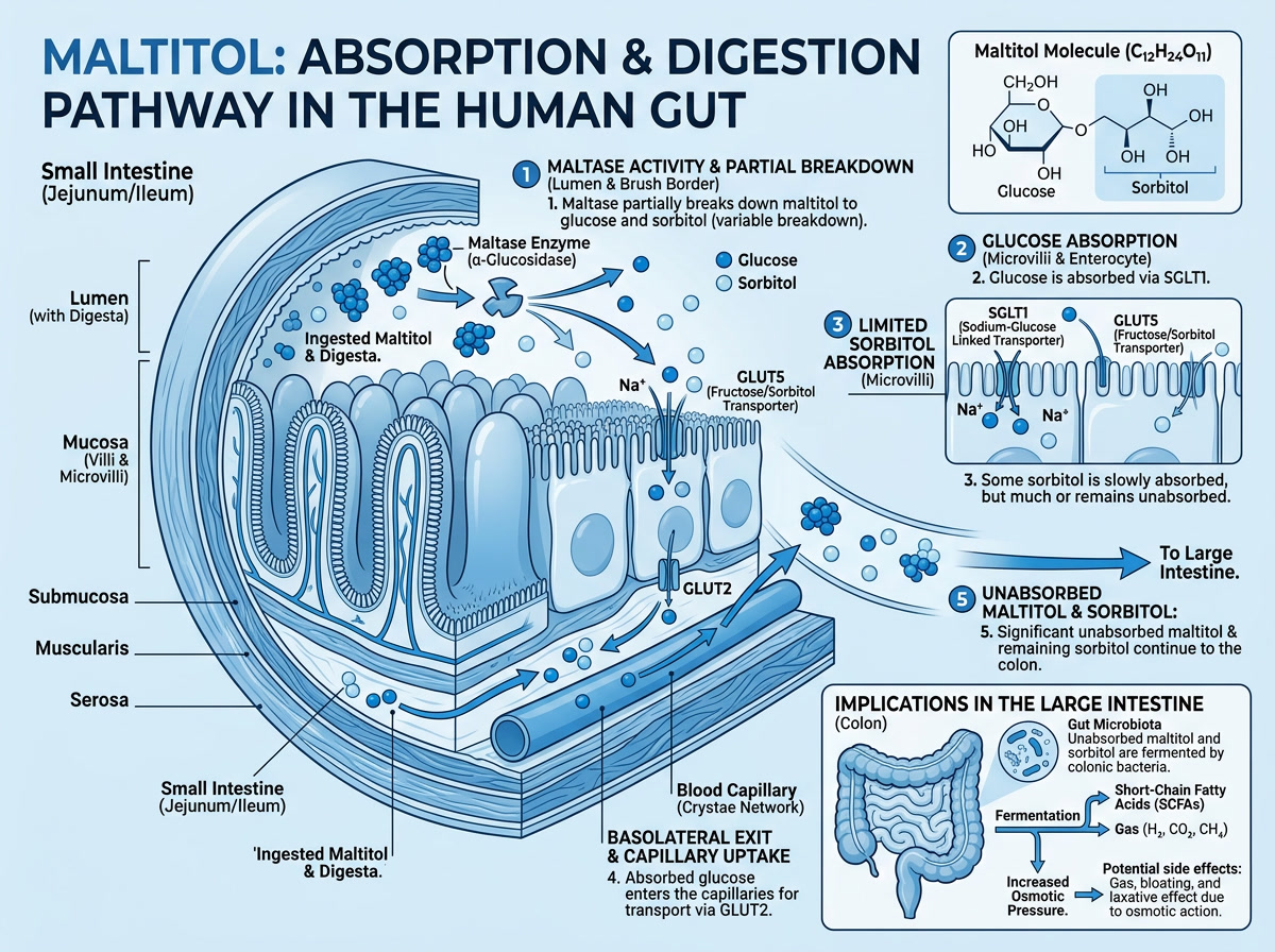 sugar free haribo gummy bears — diagram showing maltitol absorption pathway in digestive system, sugar alcohol vs regular sugar comparison infographic